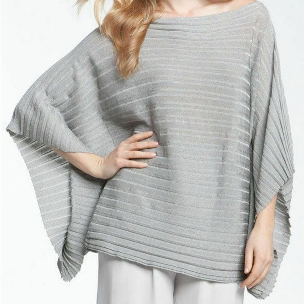 Lafayette 148 New York  Metallic  Poncho Knit Sweater Top  in Silver Gray Size S